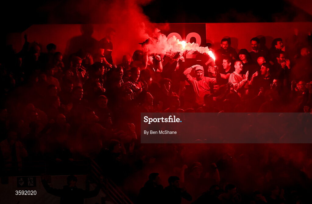 12 October 2026; Bohemians supporters celebrate thier first goal during the SSE Airtricity Men's Premier Division match between Shamrock Rovers and Bohemians at Tallaght Stadium in Dublin. Photo by Ben McShane/Sportsfile