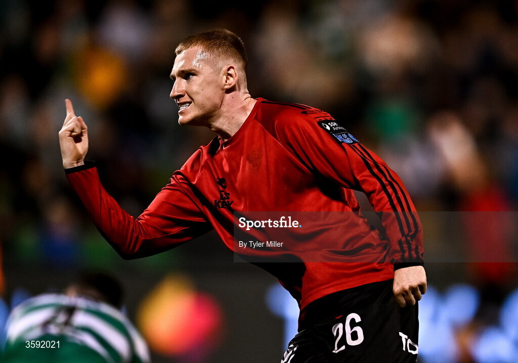 12 October 2026; Ross Tierney of Bohemians celebrates after scoring his side's first goal during the SSE Airtricity Men's Premier Division match between Shamrock Rovers and Bohemians at Tallaght Stadium in Dublin. Photo by Tyler Miller/Sportsfile