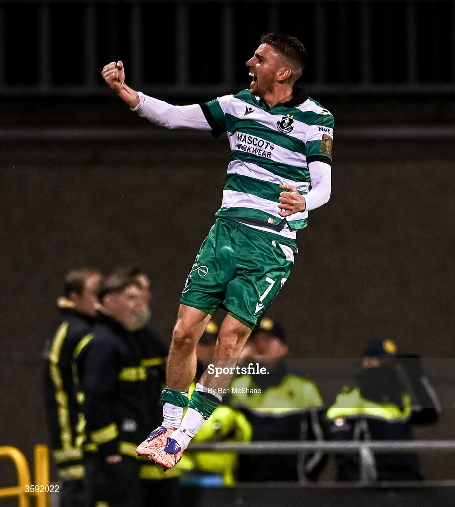 12 October 2026; Dylan Watts of Shamrock Rovers celebrates after scoring his side's second goal during the SSE Airtricity Men's Premier Division match between Shamrock Rovers and Bohemians at Tallaght Stadium in Dublin. Photo by Ben McShane/Sportsfile