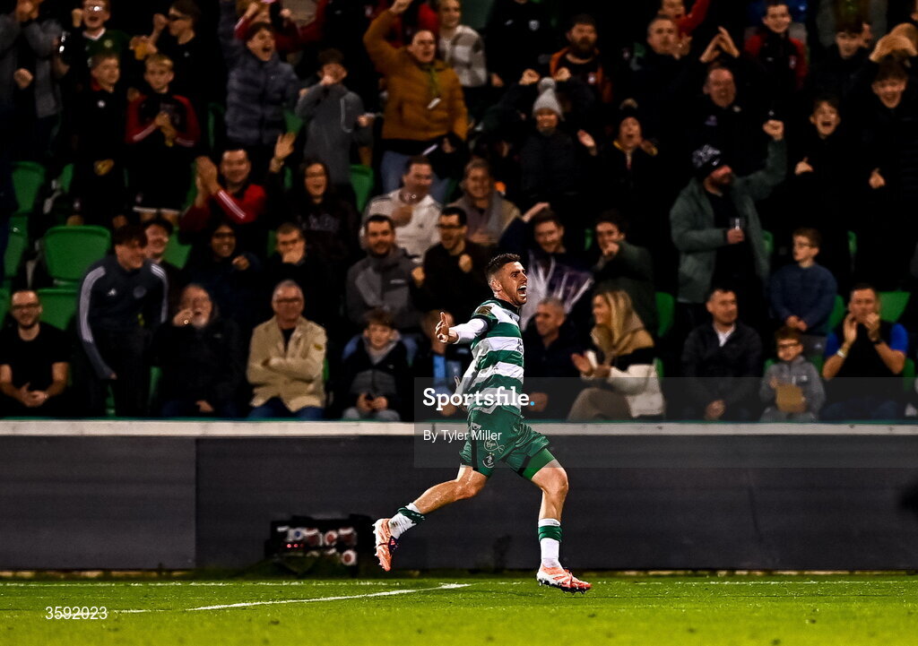 12 October 2026; Dylan Watts of Shamrock Rovers celebrates after scoring his side's second goal during the SSE Airtricity Men's Premier Division match between Shamrock Rovers and Bohemians at Tallaght Stadium in Dublin. Photo by Tyler Miller/Sportsfile