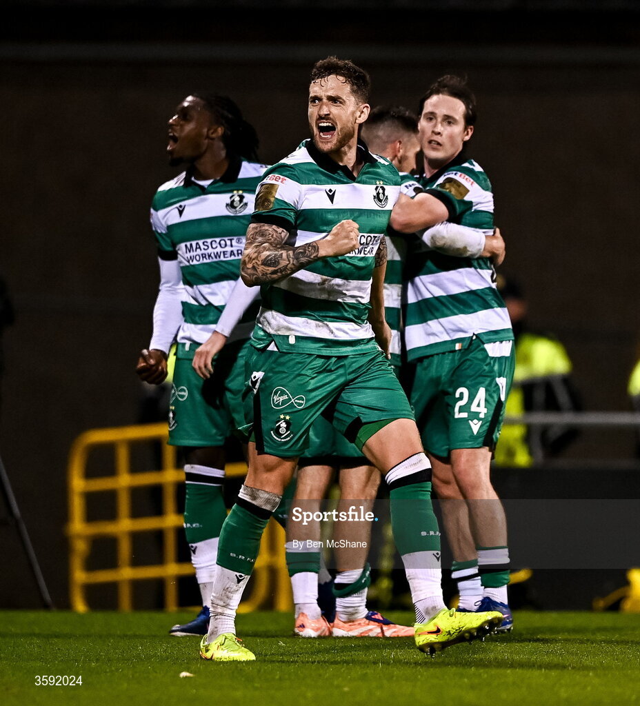 12 October 2026; Lee Grace of Shamrock Rovers celebrates after Dylan Watts scores his sides second goal during the SSE Airtricity Men's Premier Division match between Shamrock Rovers and Bohemians at Tallaght Stadium in Dublin. Photo by Ben McShane/Sportsfile