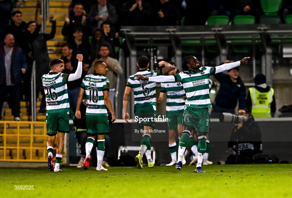12 October 2026; Tunmise Sobowale of Shamrock Rovers celebrates after Dylan Watts scores his sides second goal during the SSE Airtricity Men's Premier Division match between Shamrock Rovers and Bohemians at Tallaght Stadium in Dublin. Photo by Ben McShane/Sportsfile