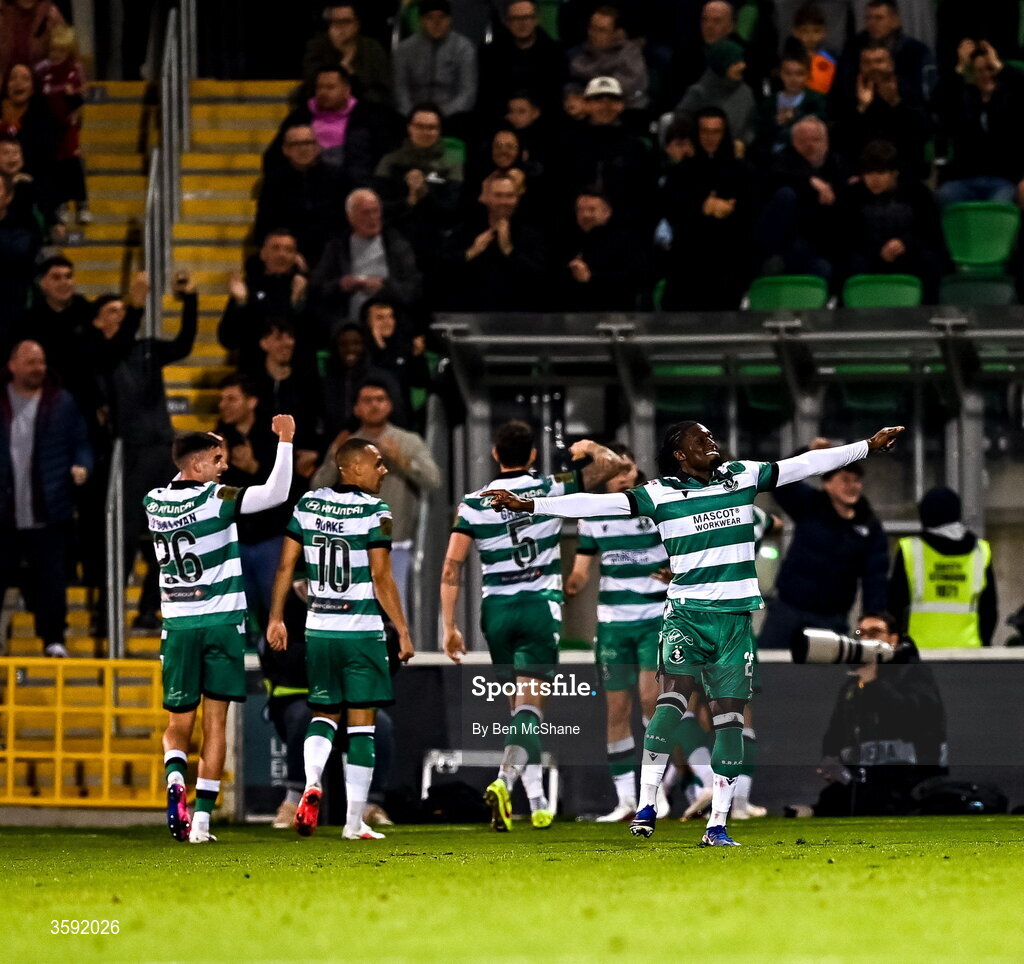 12 October 2026; Tunmise Sobowale of Shamrock Rovers celebrates after Dylan Watts scores his sides second goal during the SSE Airtricity Men's Premier Division match between Shamrock Rovers and Bohemians at Tallaght Stadium in Dublin. Photo by Ben McShane/Sportsfile