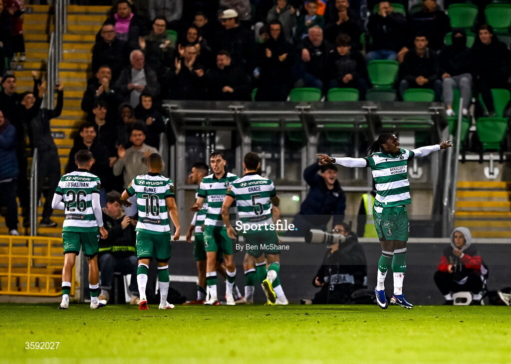 12 October 2026; Tunmise Sobowale of Shamrock Rovers celebrates after Dylan Watts scores his sides second goal during the SSE Airtricity Men's Premier Division match between Shamrock Rovers and Bohemians at Tallaght Stadium in Dublin. Photo by Ben McShane/Sportsfile