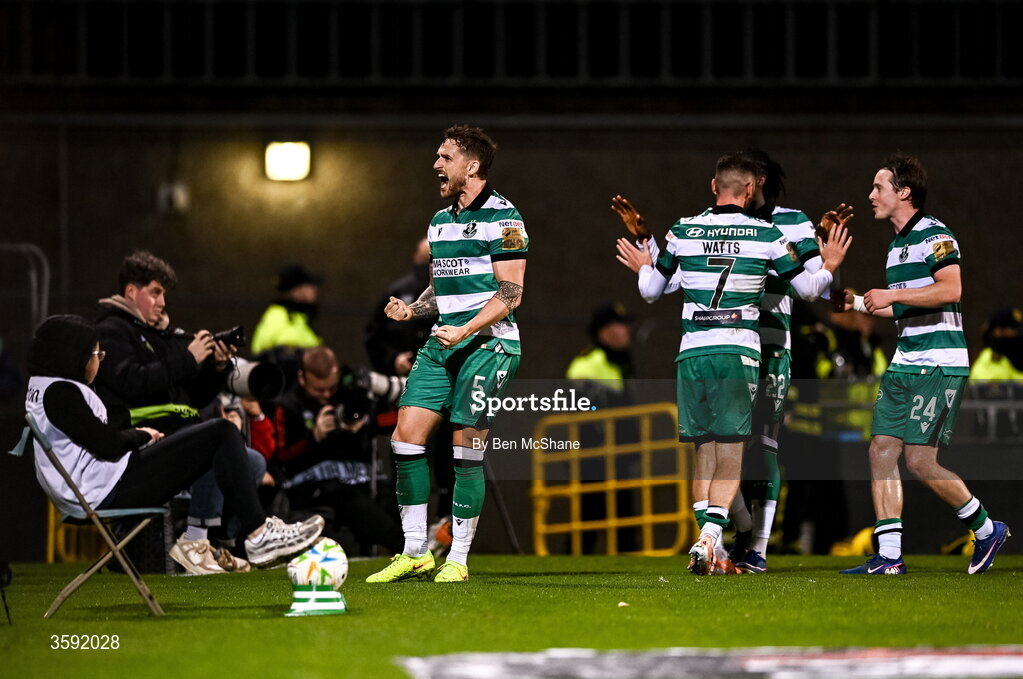 12 October 2026; Lee Grace of Shamrock Rovers celebrates after Dylan Watts scores his sides second goal during the SSE Airtricity Men's Premier Division match between Shamrock Rovers and Bohemians at Tallaght Stadium in Dublin. Photo by Ben McShane/Sportsfile