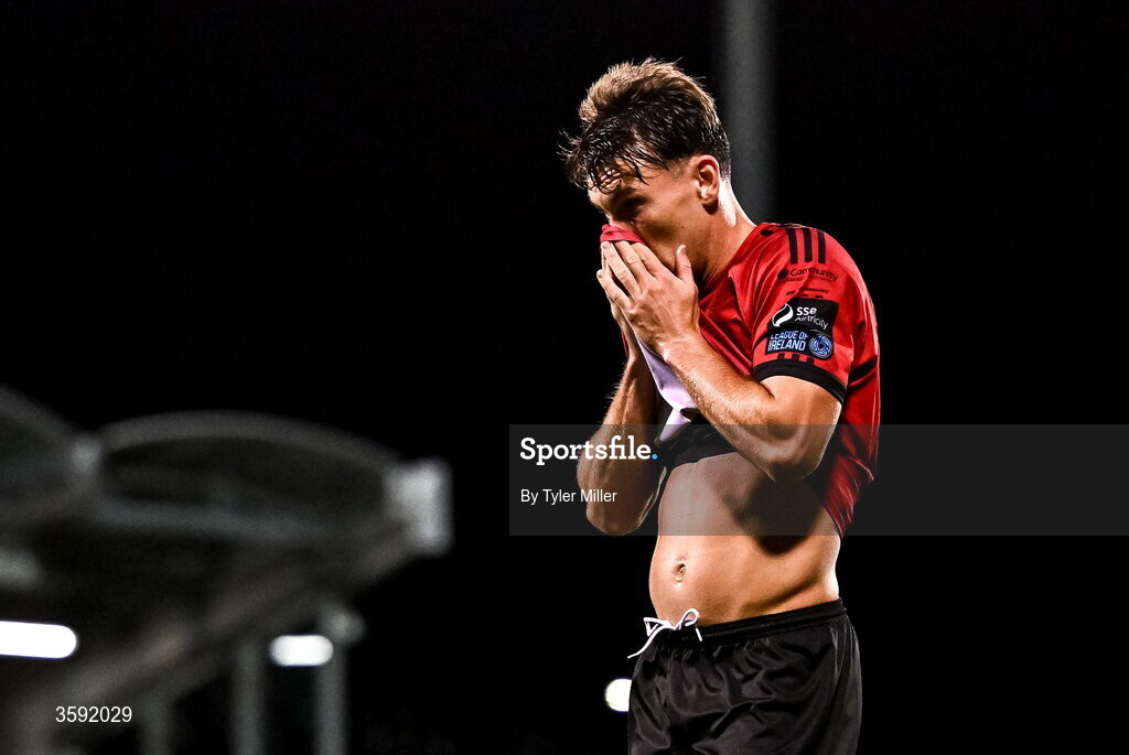 12 October 2026; Dayle Rooney of Bohemians reacts during the SSE Airtricity Men's Premier Division match between Shamrock Rovers and Bohemians at Tallaght Stadium in Dublin. Photo by Tyler Miller/Sportsfile