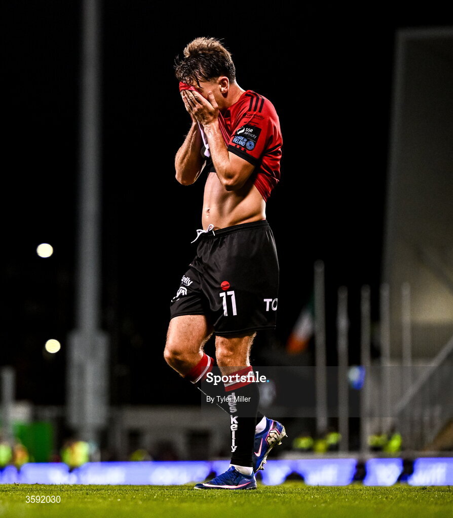 12 October 2026; Dayle Rooney of Bohemians reacts during the SSE Airtricity Men's Premier Division match between Shamrock Rovers and Bohemians at Tallaght Stadium in Dublin. Photo by Tyler Miller/Sportsfile