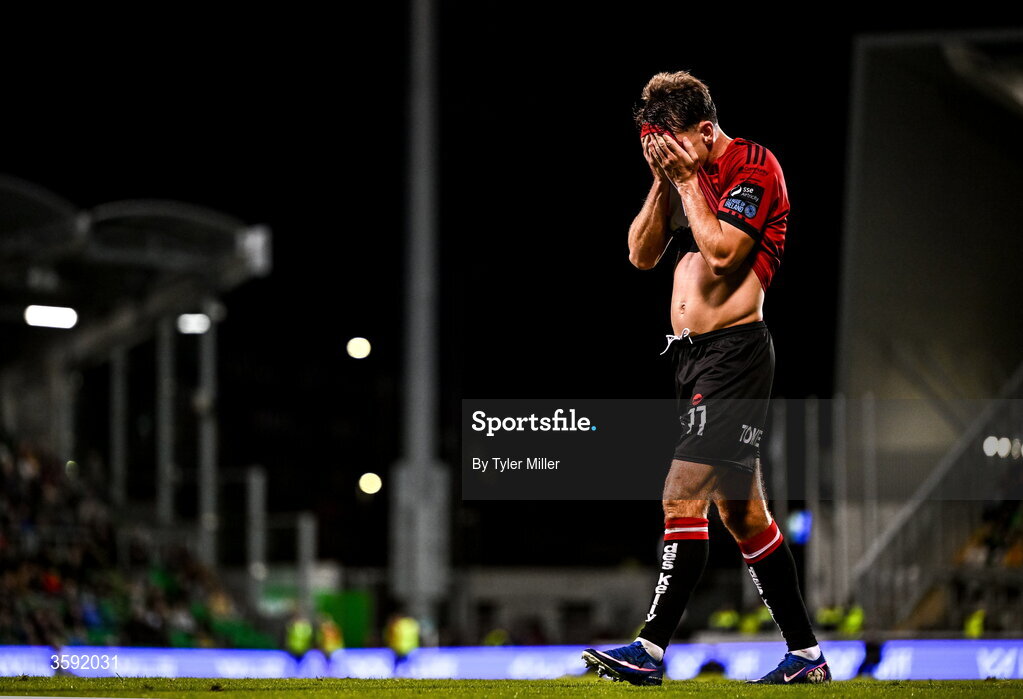 12 October 2026; Dayle Rooney of Bohemians reacts during the SSE Airtricity Men's Premier Division match between Shamrock Rovers and Bohemians at Tallaght Stadium in Dublin. Photo by Tyler Miller/Sportsfile