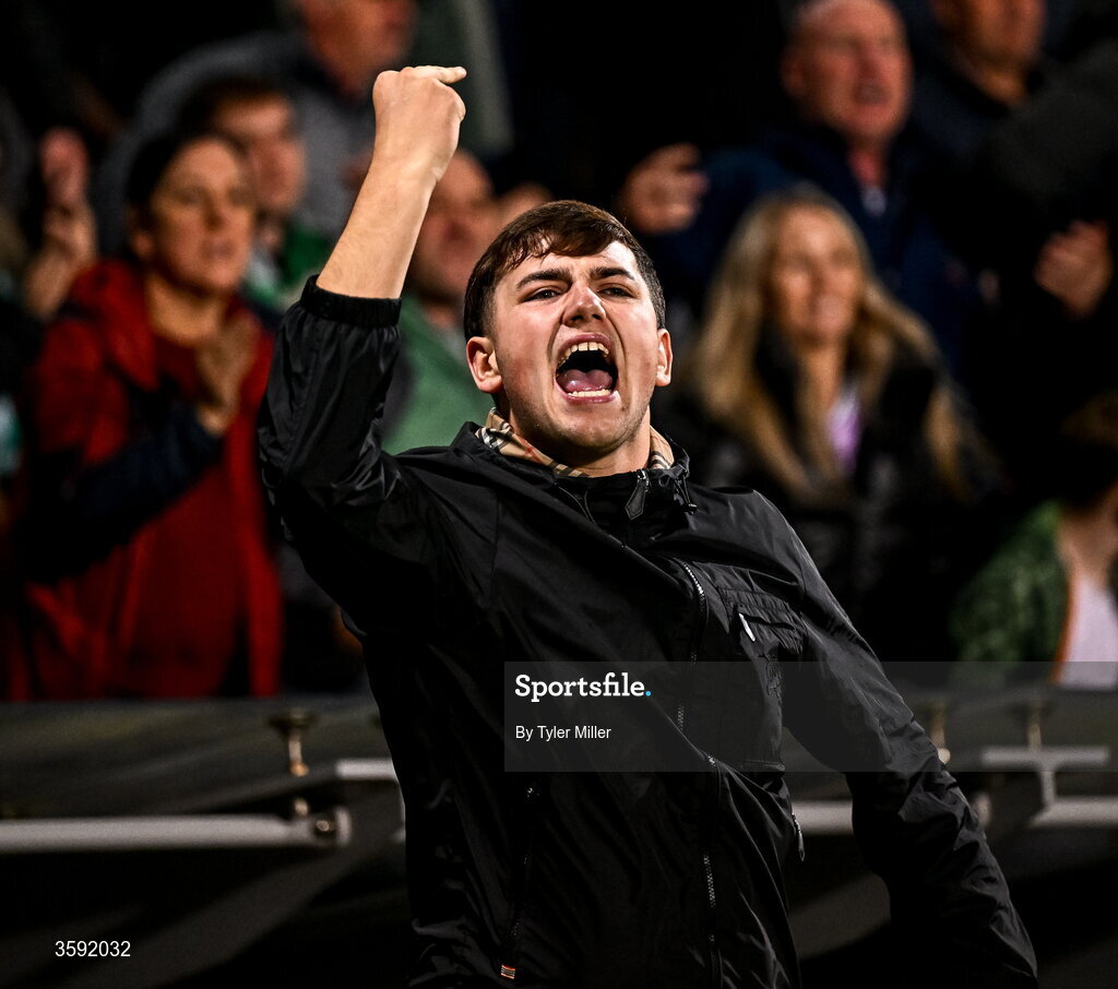12 October 2026; A Shamrock Rovers supporter celebrates after Dylan Watts' goal during the SSE Airtricity Men's Premier Division match between Shamrock Rovers and Bohemians at Tallaght Stadium in Dublin. Photo by Tyler Miller/Sportsfile