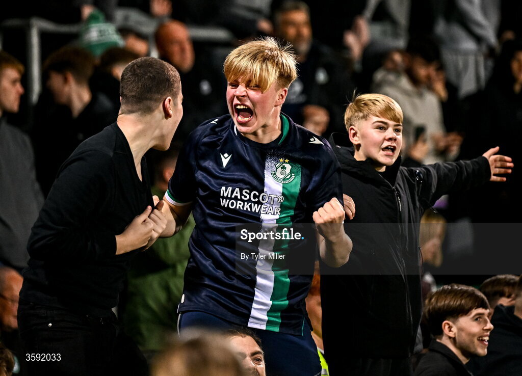 12 October 2026; Shamrock Rovers supporters celebrate after Dylan Watts' goal during the SSE Airtricity Men's Premier Division match between Shamrock Rovers and Bohemians at Tallaght Stadium in Dublin. Photo by Tyler Miller/Sportsfile