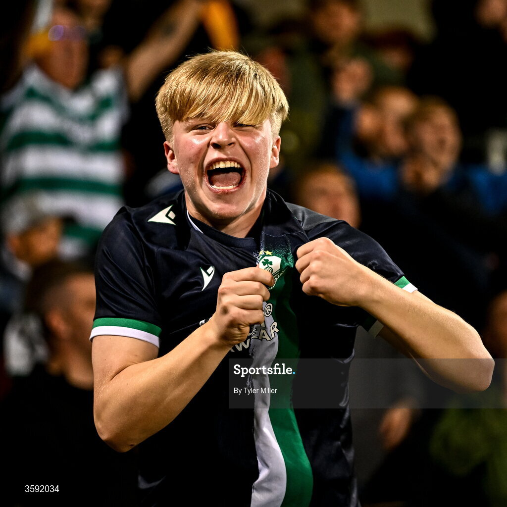 12 October 2026; A Shamrock Rovers supporter celebrates during the SSE Airtricity Men's Premier Division match between Shamrock Rovers and Bohemians at Tallaght Stadium in Dublin. Photo by Tyler Miller/Sportsfile