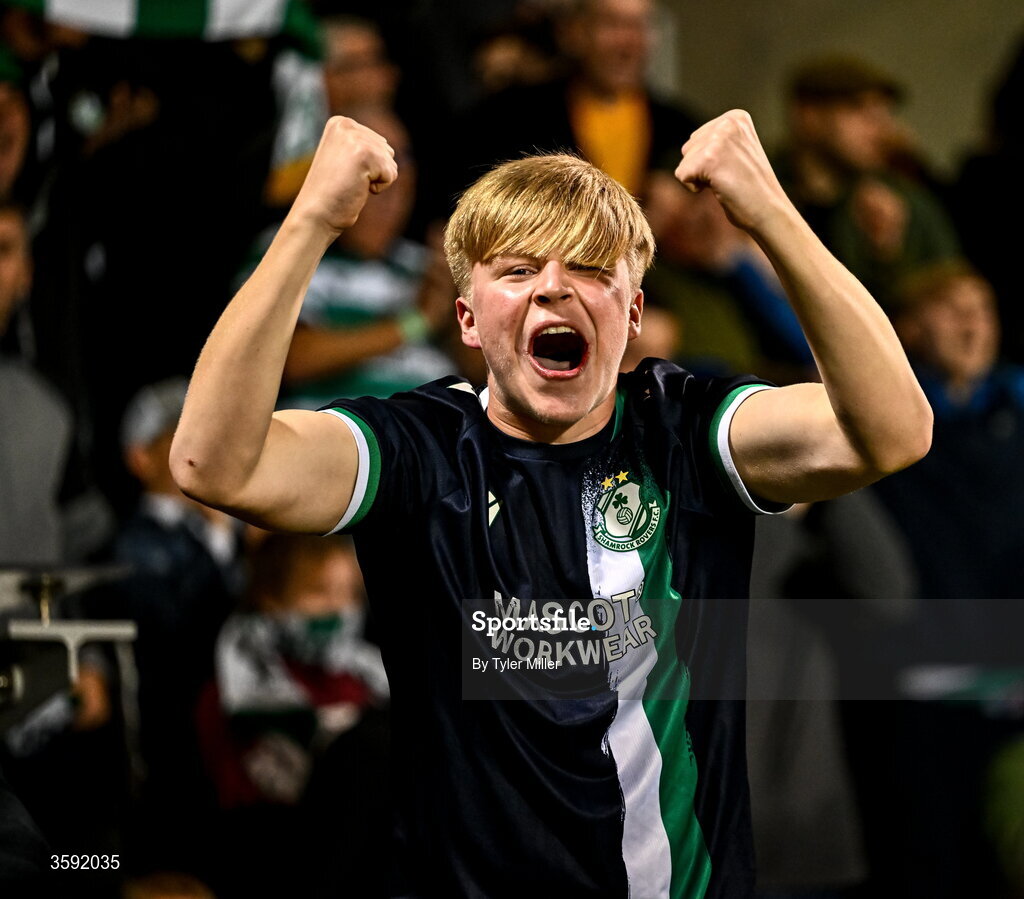 12 October 2026; A Shamrock Rovers supporter celebrates during the SSE Airtricity Men's Premier Division match between Shamrock Rovers and Bohemians at Tallaght Stadium in Dublin. Photo by Tyler Miller/Sportsfile