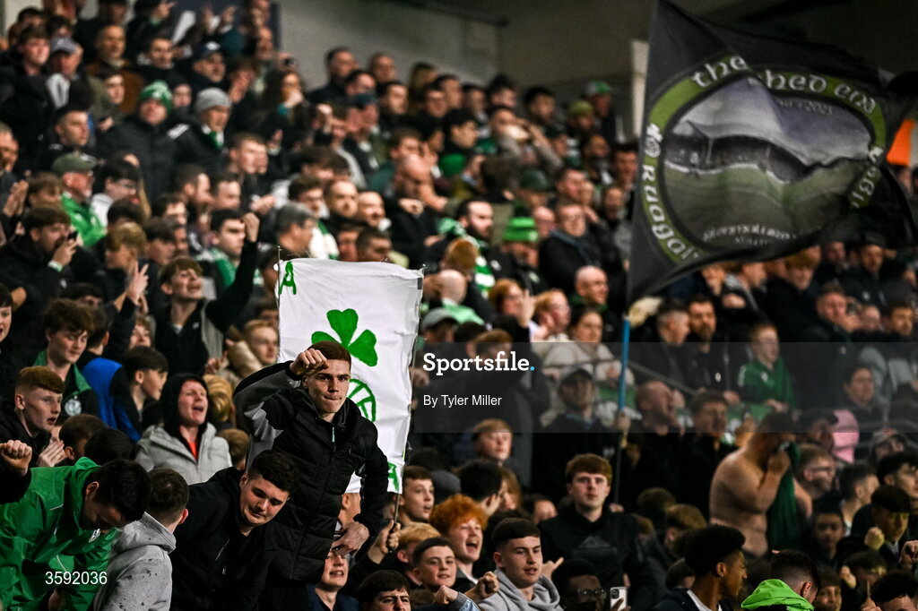 12 October 2026; Shamrock Rovers supporters celebrate after Dylan Watts' goal during the SSE Airtricity Men's Premier Division match between Shamrock Rovers and Bohemians at Tallaght Stadium in Dublin. Photo by Tyler Miller/Sportsfile