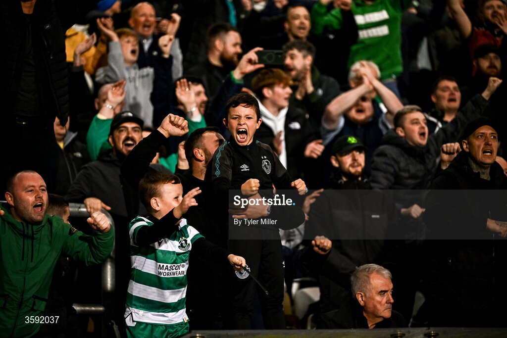 12 October 2026; Shamrock Rovers supporters celebrate after Dylan Watts' goal during the SSE Airtricity Men's Premier Division match between Shamrock Rovers and Bohemians at Tallaght Stadium in Dublin. Photo by Tyler Miller/Sportsfile
