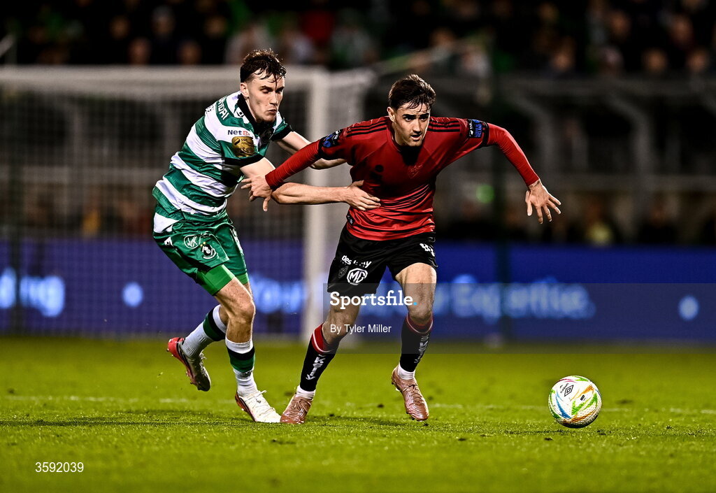 12 October 2026; Matt Healy of Shamrock Rovers in action against Dawson Devoy of Bohemians during the SSE Airtricity Men's Premier Division match between Shamrock Rovers and Bohemians at Tallaght Stadium in Dublin. Photo by Tyler Miller/Sportsfile