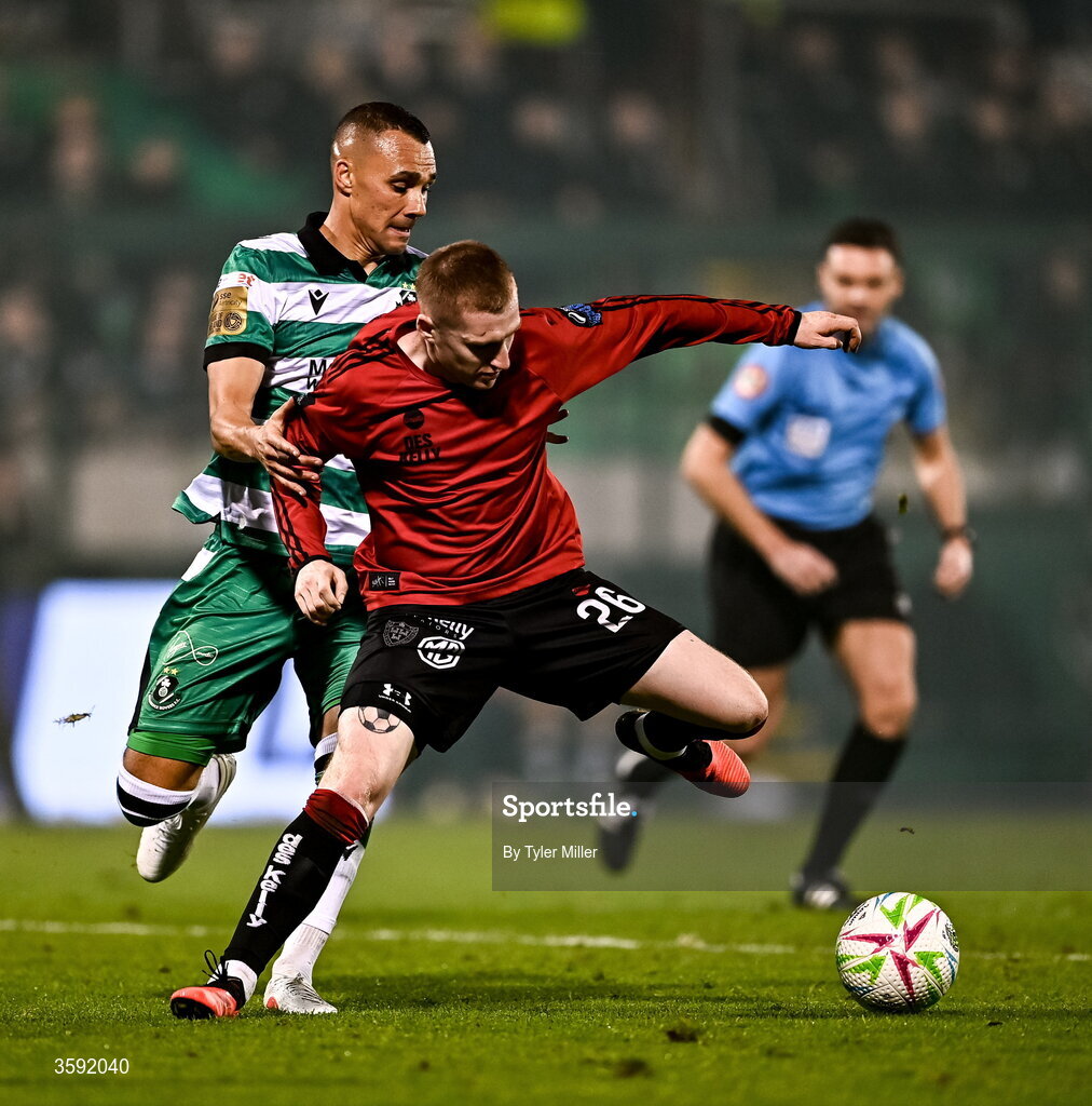 12 October 2026; Ross Tierney of Bohemians in action against Graham Burke of Shamrock Rovers during the SSE Airtricity Men's Premier Division match between Shamrock Rovers and Bohemians at Tallaght Stadium in Dublin. Photo by Tyler Miller/Sportsfile