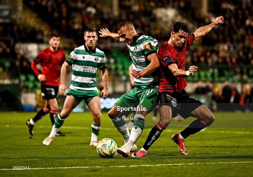 12 October 2026; Graham Burke of Shamrock Rovers in action against Connor Parsons of Bohemians during the SSE Airtricity Men's Premier Division match between Shamrock Rovers and Bohemians at Tallaght Stadium in Dublin. Photo by Tyler Miller/Sportsfile