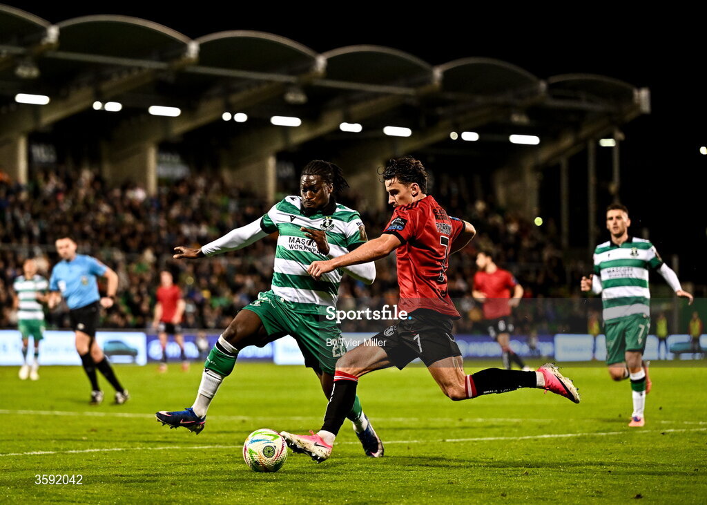 12 October 2026; Connor Parsons of Bohemians in action against Tunmise Sobowale of Shamrock Rovers during the SSE Airtricity Men's Premier Division match between Shamrock Rovers and Bohemians at Tallaght Stadium in Dublin. Photo by Tyler Miller/Sportsfile