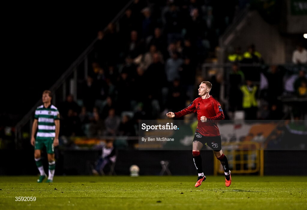 12 October 2026; Ross Tierney of Bohemians celebrates after scoring his side's first goal during the SSE Airtricity Men's Premier Division match between Shamrock Rovers and Bohemians at Tallaght Stadium in Dublin. Photo by Ben McShane/Sportsfile