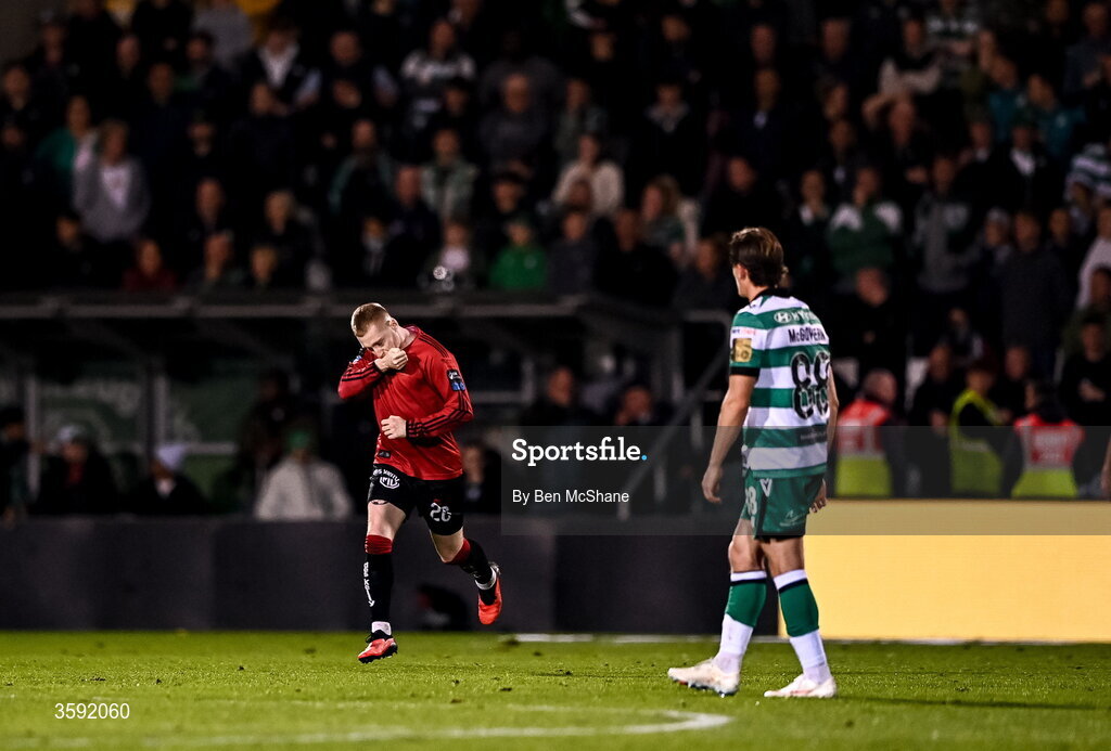 12 October 2026; Ross Tierney of Bohemians celebrates after scoring his side's first goal during the SSE Airtricity Men's Premier Division match between Shamrock Rovers and Bohemians at Tallaght Stadium in Dublin. Photo by Ben McShane/Sportsfile