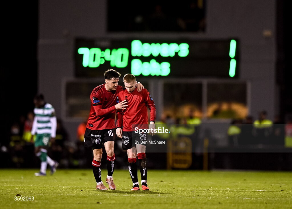 12 October 2026; Ross Tierney of Bohemians celebrates with teammate Dawson Devoy after scoring his side's first goal during the SSE Airtricity Men's Premier Division match between Shamrock Rovers and Bohemians at Tallaght Stadium in Dublin. Photo by Ben McShane/Sportsfile