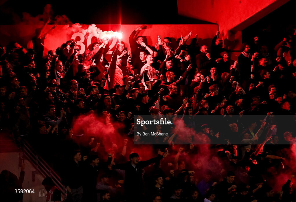 12 October 2026; Bohemians supporters during the SSE Airtricity Men's Premier Division match between Shamrock Rovers and Bohemians at Tallaght Stadium in Dublin. Photo by Ben McShane/Sportsfile