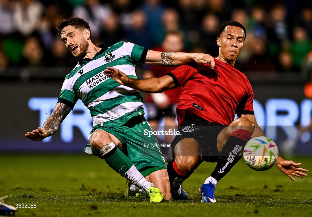 12 October 2026; Lee Grace of Shamrock Rovers in action against Douglas James-Taylor of Bohemians during the SSE Airtricity Men's Premier Division match between Shamrock Rovers and Bohemians at Tallaght Stadium in Dublin. Photo by Tyler Miller/Sportsfile