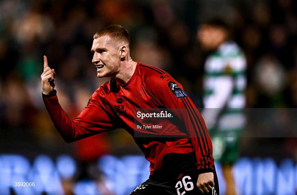12 October 2026; Ross Tierney of Bohemians celebrates after scoring his side's first goal during the SSE Airtricity Men's Premier Division match between Shamrock Rovers and Bohemians at Tallaght Stadium in Dublin. Photo by Tyler Miller/Sportsfile
