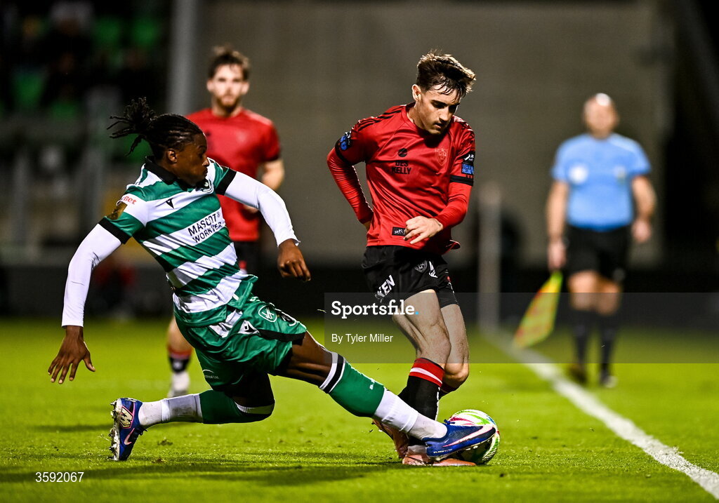 12 October 2026; Dawson Devoy of Bohemians is tackled by Tunmise Sobowale of Shamrock Rovers during the SSE Airtricity Men's Premier Division match between Shamrock Rovers and Bohemians at Tallaght Stadium in Dublin. Photo by Tyler Miller/Sportsfile