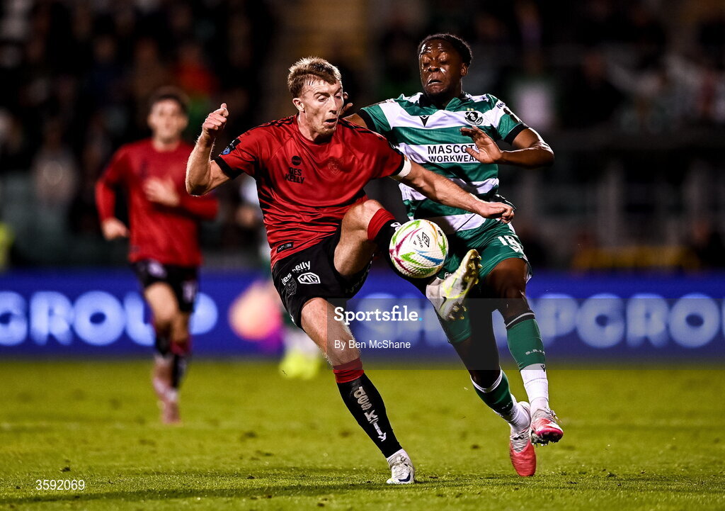12 October 2026; Sam Todd of Bohemians in action against Jonathan Afolabi of Shamrock Rovers during the SSE Airtricity Men's Premier Division match between Shamrock Rovers and Bohemians at Tallaght Stadium in Dublin. Photo by Ben McShane/Sportsfile