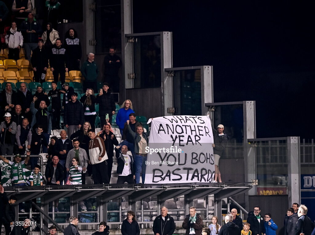 12 October 2026; Shamrock Rovers supporters hold a banner during the SSE Airtricity Men's Premier Division match between Shamrock Rovers and Bohemians at Tallaght Stadium in Dublin. Photo by Ben McShane/Sportsfile