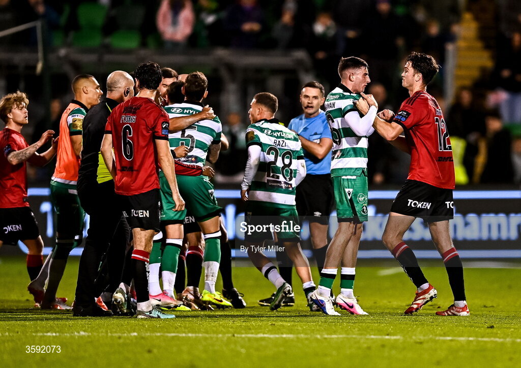 12 October 2026; John O'Sullivan of Shamrock Rovers and Patrick Hickey of Bohemians tussle after the SSE Airtricity Men's Premier Division match between Shamrock Rovers and Bohemians at Tallaght Stadium in Dublin. Photo by Tyler Miller/Sportsfile