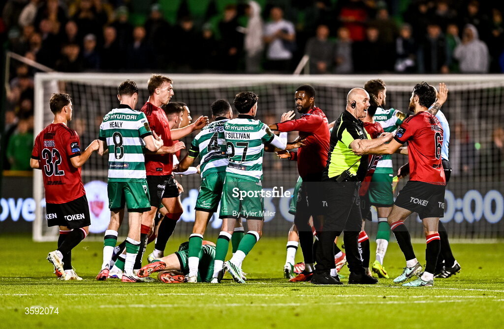 12 October 2026; Players from both teams tussle after the SSE Airtricity Men's Premier Division match between Shamrock Rovers and Bohemians at Tallaght Stadium in Dublin. Photo by Tyler Miller/Sportsfile