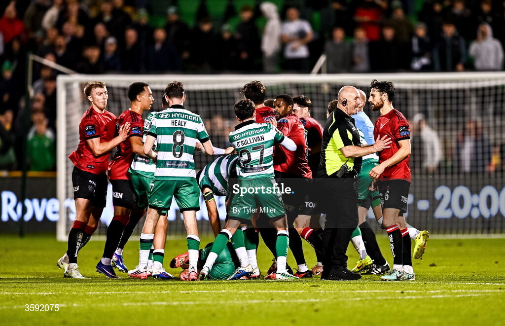12 October 2026; Players from both teams tussle after the SSE Airtricity Men's Premier Division match between Shamrock Rovers and Bohemians at Tallaght Stadium in Dublin. Photo by Tyler Miller/Sportsfile