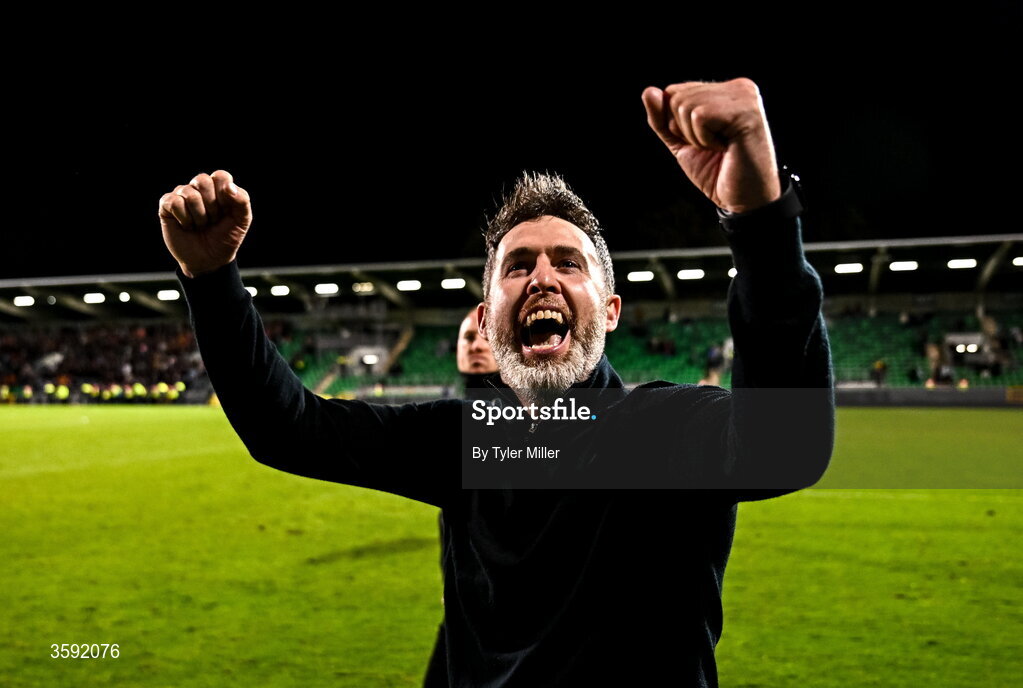 12 October 2026; Shamrock Rovers manager Stephen Bradley celebrates after the SSE Airtricity Men's Premier Division match between Shamrock Rovers and Bohemians at Tallaght Stadium in Dublin. Photo by Tyler Miller/Sportsfile