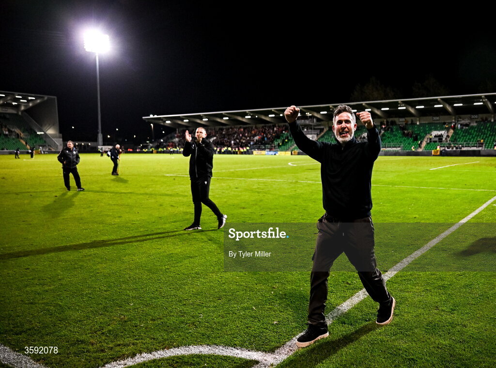 12 October 2026; Shamrock Rovers manager Stephen Bradley celebrates after the SSE Airtricity Men's Premier Division match between Shamrock Rovers and Bohemians at Tallaght Stadium in Dublin. Photo by Tyler Miller/Sportsfile