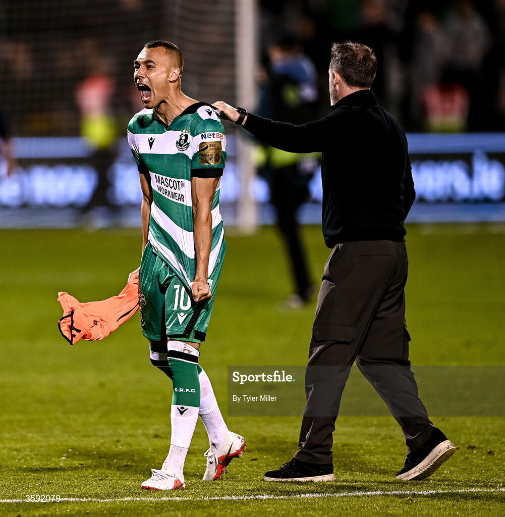 12 October 2026; Graham Burke of Shamrock Rovers celebrates while he is restrained by manager Stephen Bradley after the SSE Airtricity Men's Premier Division match between Shamrock Rovers and Bohemians at Tallaght Stadium in Dublin. Photo by Ben McShane/Sportsfile
