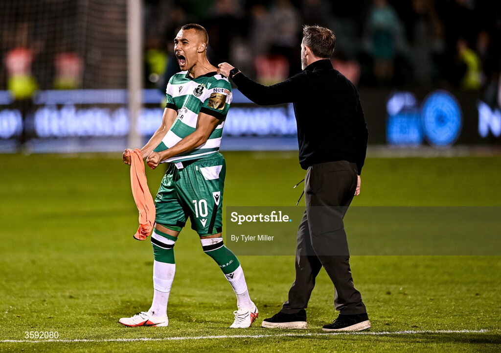 12 October 2026; Graham Burke of Shamrock Rovers celebrates while he is restrained by manager Stephen Bradley after the SSE Airtricity Men's Premier Division match between Shamrock Rovers and Bohemians at Tallaght Stadium in Dublin. Photo by Ben McShane/Sportsfile