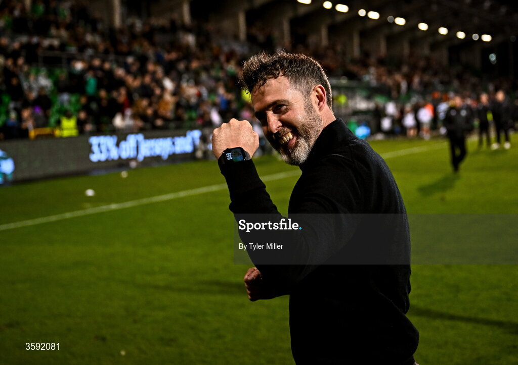 12 October 2026; Shamrock Rovers manager Stephen Bradley celebrates after the SSE Airtricity Men's Premier Division match between Shamrock Rovers and Bohemians at Tallaght Stadium in Dublin. Photo by Tyler Miller/Sportsfile