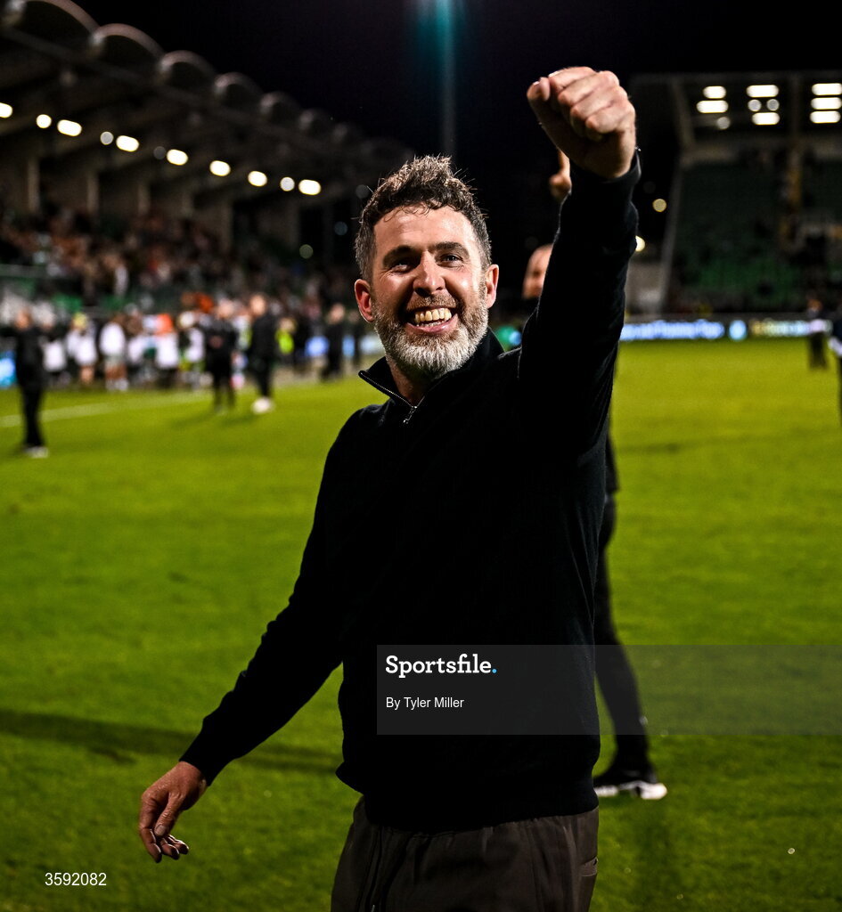 12 October 2026; Shamrock Rovers manager Stephen Bradley celebrates after the SSE Airtricity Men's Premier Division match between Shamrock Rovers and Bohemians at Tallaght Stadium in Dublin. Photo by Tyler Miller/Sportsfile