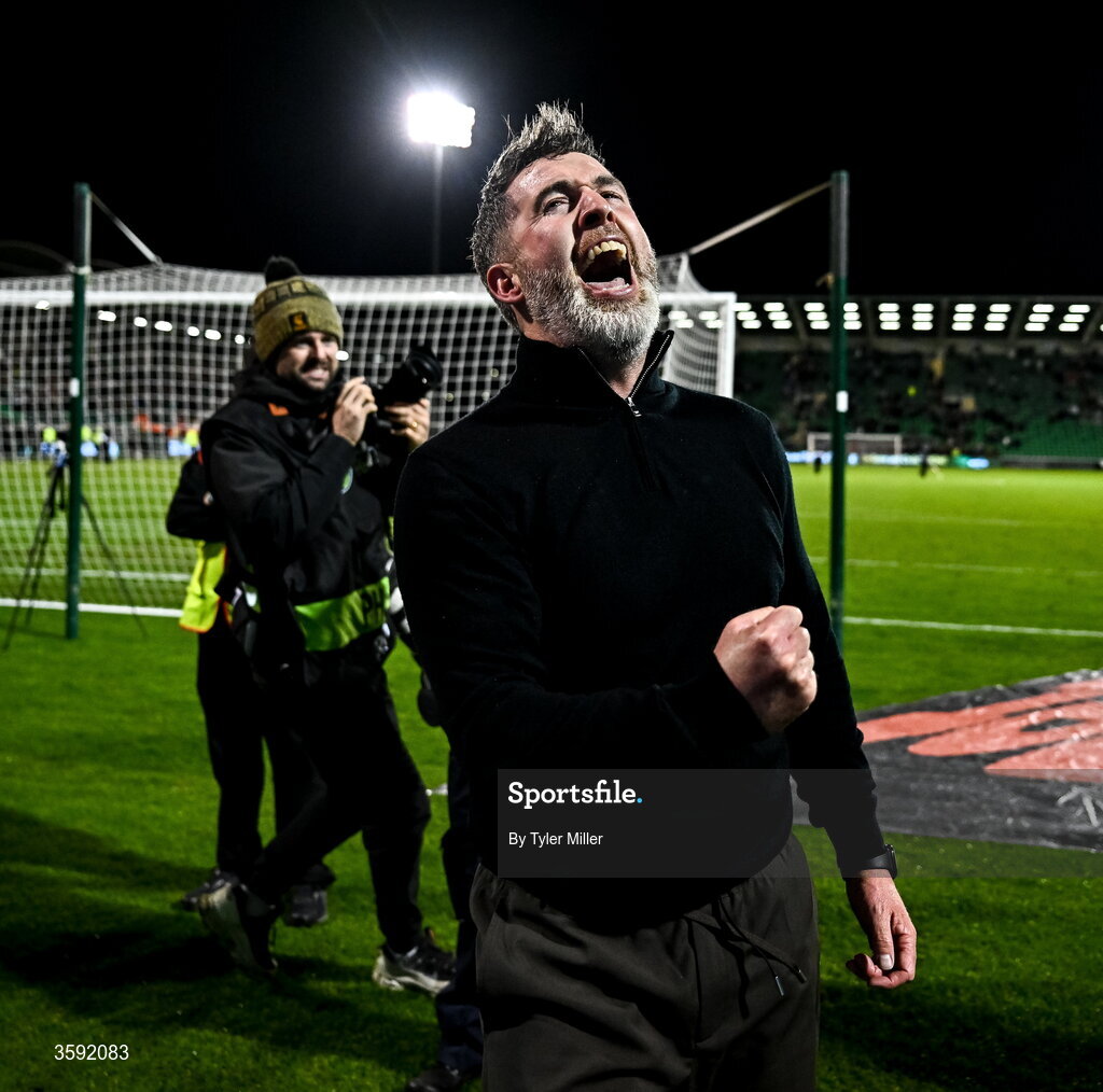 12 October 2026; Shamrock Rovers manager Stephen Bradley celebrates after the SSE Airtricity Men's Premier Division match between Shamrock Rovers and Bohemians at Tallaght Stadium in Dublin. Photo by Tyler Miller/Sportsfile