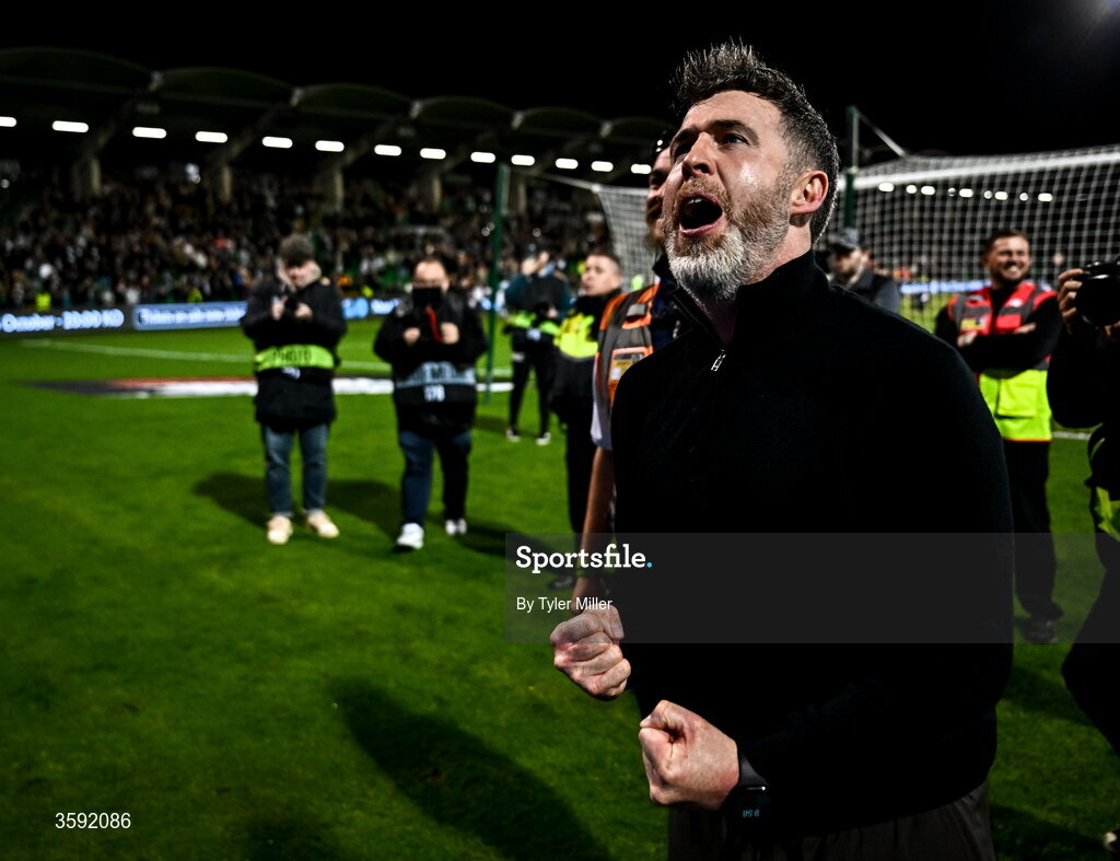 12 October 2026; Shamrock Rovers manager Stephen Bradley celebrates after the SSE Airtricity Men's Premier Division match between Shamrock Rovers and Bohemians at Tallaght Stadium in Dublin. Photo by Tyler Miller/Sportsfile