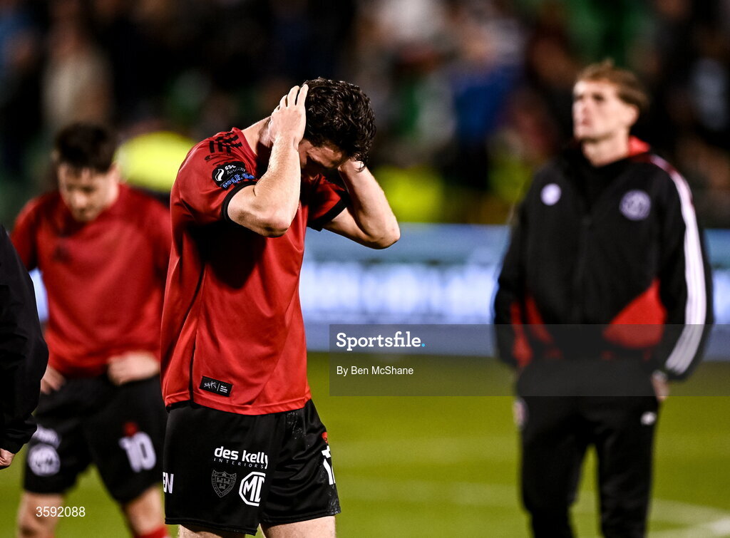 12 October 2026; Patrick Hickey of Bohemians reacts after the SSE Airtricity Men's Premier Division match between Shamrock Rovers and Bohemians at Tallaght Stadium in Dublin. Photo by Ben McShane/Sportsfile