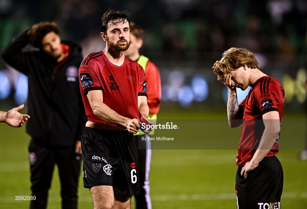 12 October 2026; Jordan Flores and Harry Vaughan of Bohemians react after the SSE Airtricity Men's Premier Division match between Shamrock Rovers and Bohemians at Tallaght Stadium in Dublin. Photo by Ben McShane/Sportsfile
