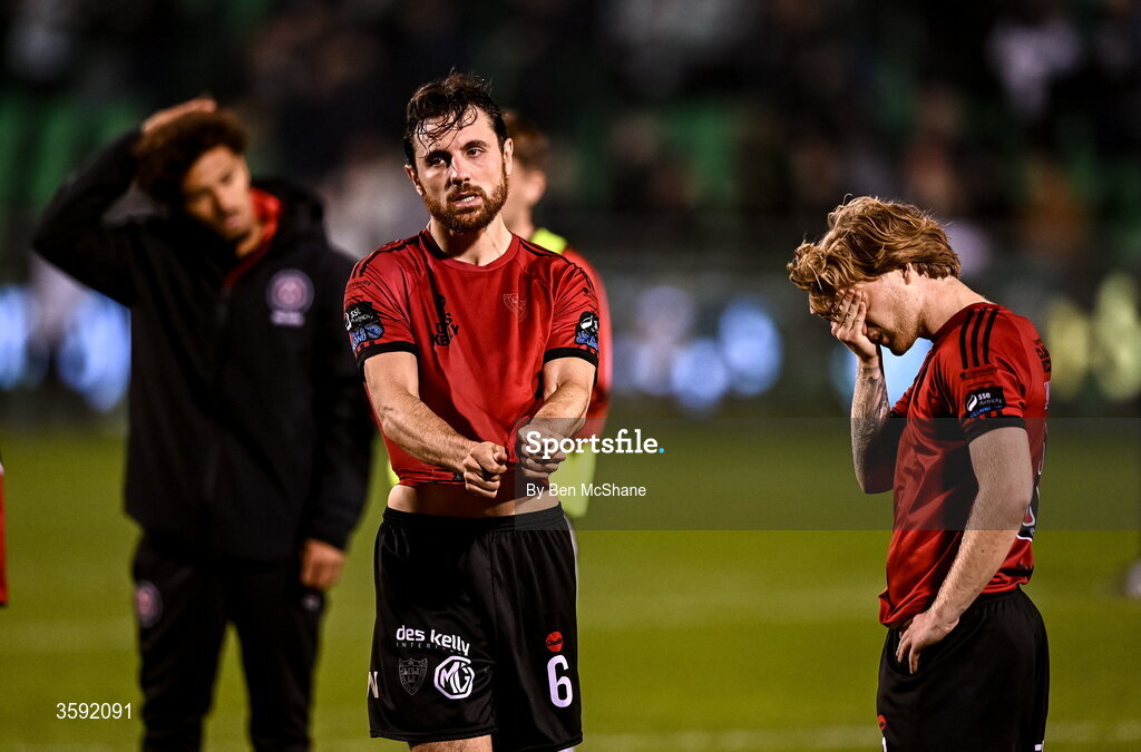 12 October 2026; Jordan Flores and Harry Vaughan of Bohemians react after the SSE Airtricity Men's Premier Division match between Shamrock Rovers and Bohemians at Tallaght Stadium in Dublin. Photo by Ben McShane/Sportsfile