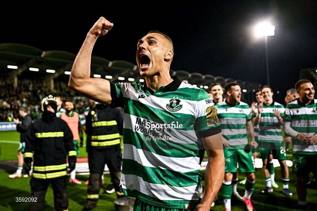12 October 2026; Graham Burke of Shamrock Rovers celebrates after the SSE Airtricity Men's Premier Division match between Shamrock Rovers and Bohemians at Tallaght Stadium in Dublin. Photo by Tyler Miller/Sportsfile