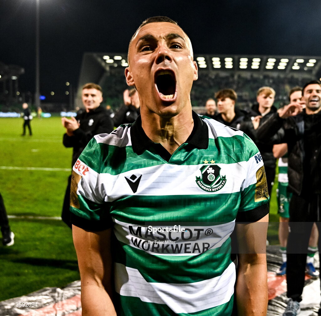 12 October 2026; Graham Burke of Shamrock Rovers celebrates after the SSE Airtricity Men's Premier Division match between Shamrock Rovers and Bohemians at Tallaght Stadium in Dublin. Photo by Tyler Miller/Sportsfile