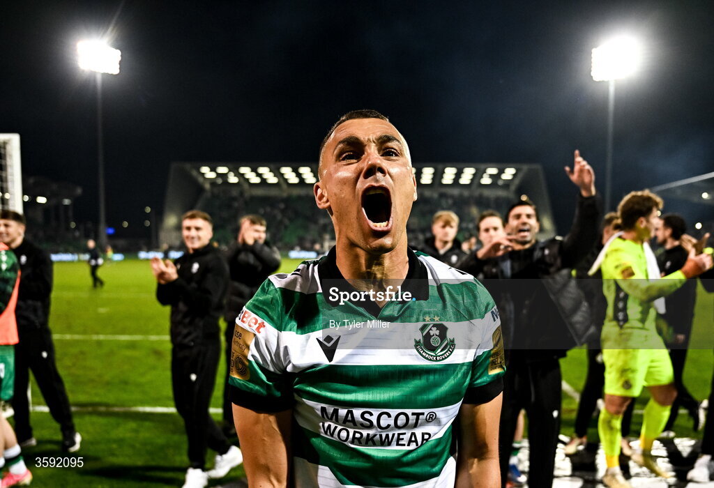 12 October 2026; Graham Burke of Shamrock Rovers celebrates after the SSE Airtricity Men's Premier Division match between Shamrock Rovers and Bohemians at Tallaght Stadium in Dublin. Photo by Tyler Miller/Sportsfile