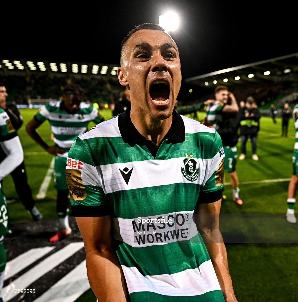 12 October 2026; Graham Burke of Shamrock Rovers celebrates after the SSE Airtricity Men's Premier Division match between Shamrock Rovers and Bohemians at Tallaght Stadium in Dublin. Photo by Tyler Miller/Sportsfile