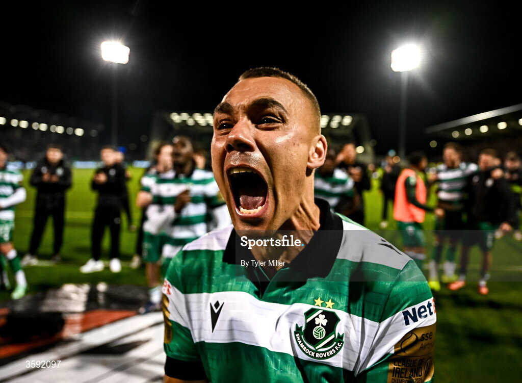 12 October 2026; Graham Burke of Shamrock Rovers celebrates after the SSE Airtricity Men's Premier Division match between Shamrock Rovers and Bohemians at Tallaght Stadium in Dublin. Photo by Tyler Miller/Sportsfile
